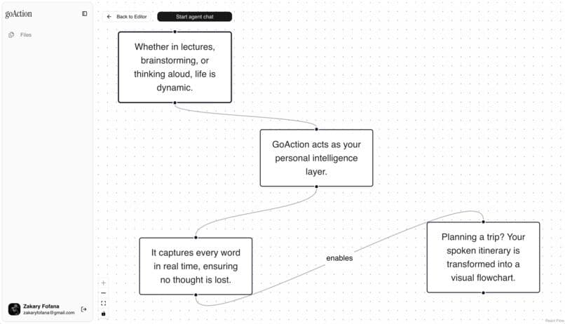 goAction’s visual storyboard turning conversation notes into a connected flowchart